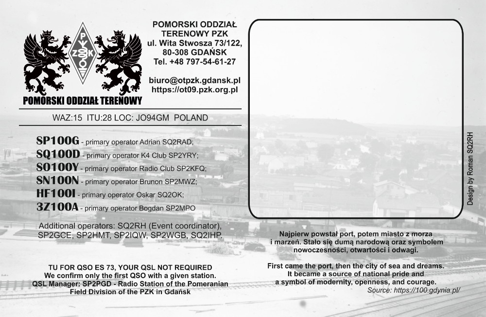 The 100 Anniversary of the City of GDYNIA | 1926-2026 Revers of the QSL Card