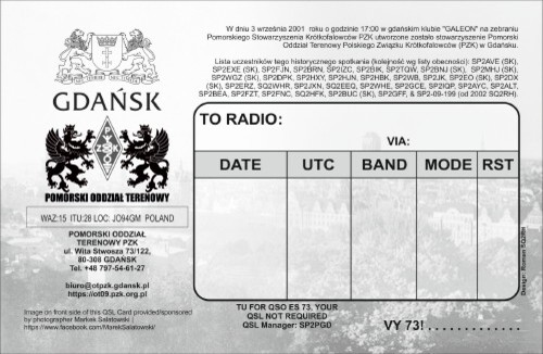 The 25th anniversary of founding of the Association Pomeranian Field Division of PZK in Gdańsk 2001-2026 Avers of the QSL Card
